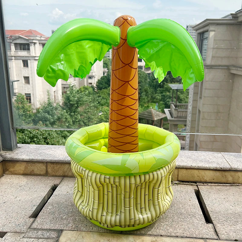 Inflatable Palm Tree Ice Bucket & Bear Cooler - Hawaiian Party Drink Holder for Summer Pool & Beach Parties – Fun Birthday Decoration Balloon