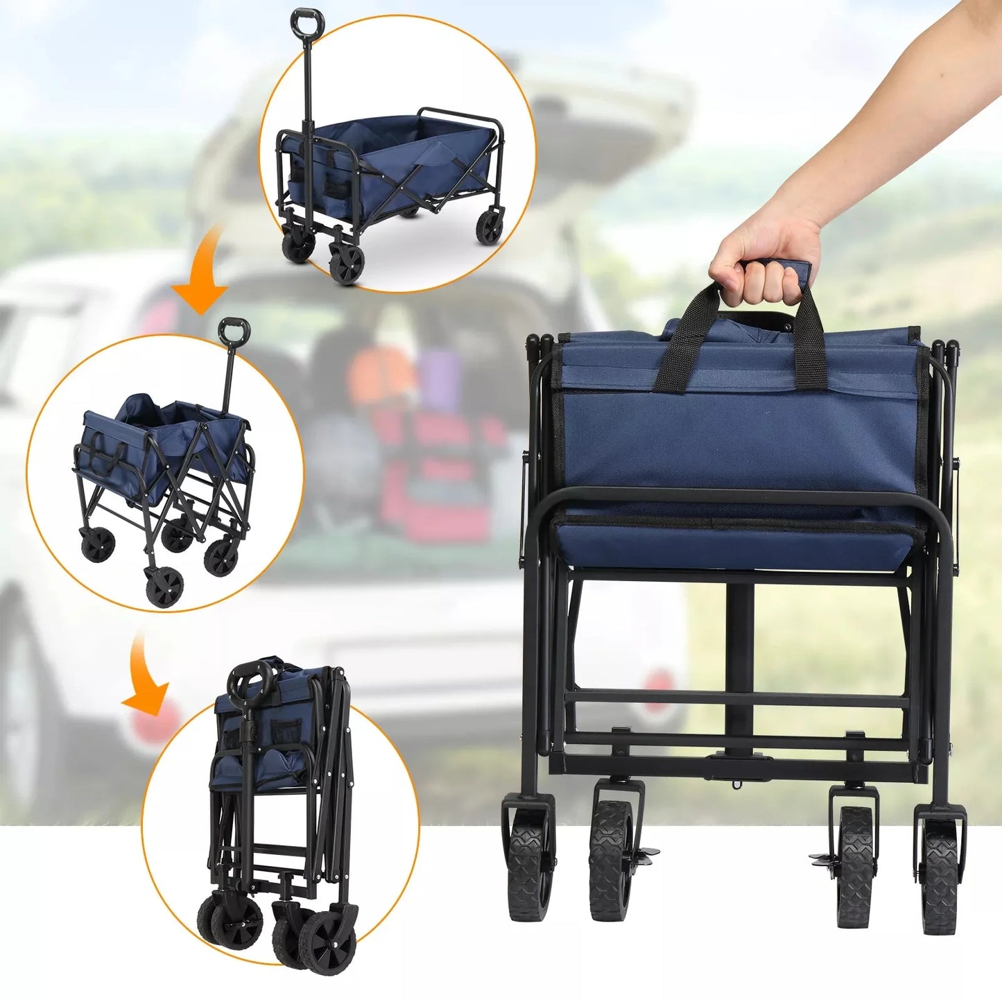 "Collapsible folding wagon cart with 220 lbs capacity for outdoor use"
"Beach cart with adjustable handle and large storage space"
"All-terrain wheels and 600D Oxford fabric folding cart"