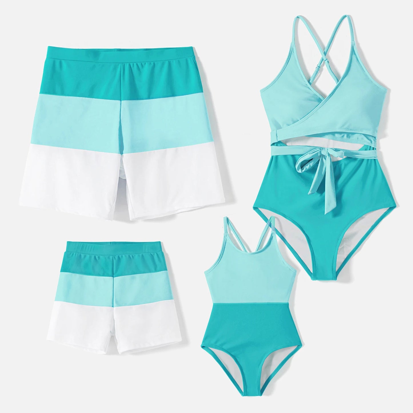 Family Matching Colorblock Swimsuits – Scoop Neck Self-Tie One-Piece for Women/Girls & Swim Trunks for Men/Boys – Stylish Vacation Beachwear