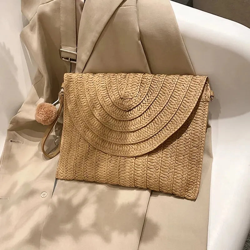 Handmade Straw Beach Shoulder & Crossbody Bag – Envelope Design with Removable Strap, Embroidered Detail & Hair Ball Clutch for Summer