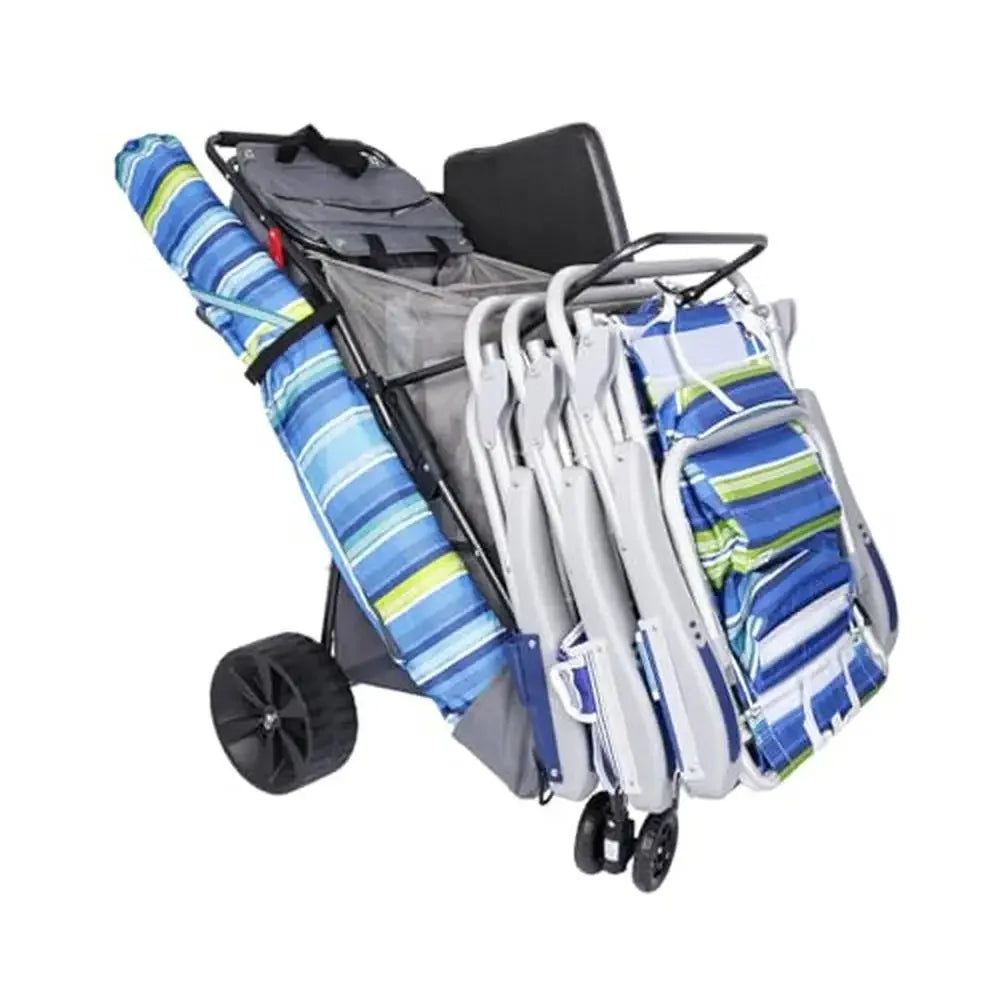 "Ultimate Beach Cart with Balloon Wheels on Sand," "Beach Cart with Insulated Cooler Bag and Umbrella Holder."