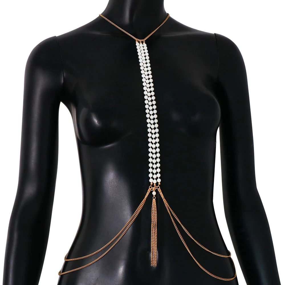 "Close-up of imitation pearl body chain with adjustable fit"