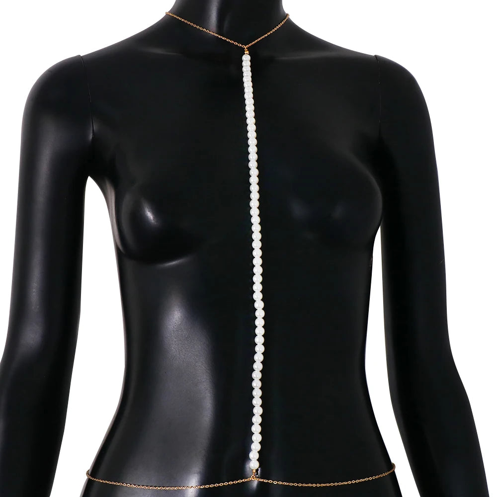 "Close-up of imitation pearl body chain with adjustable fit"