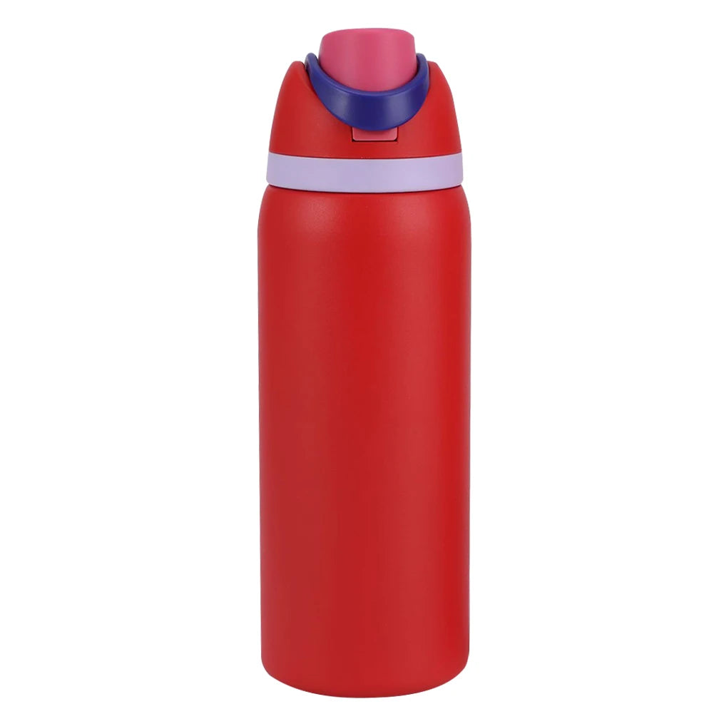"Close-up of the Owala water bottle with straw and carrying handle"