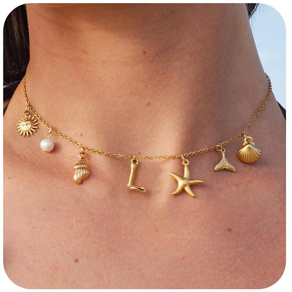 "Personalized Initial Surfer Girl Necklace with Starfish and Pearl Pendant"
"Bohemian Beach Necklace Gift for Women with Initial Pendant"
"Surfer Girl Initial Letter Necklace with Seashell and Starfish"
"Beach Jewelry for Women – Customizable Initial Necklace"