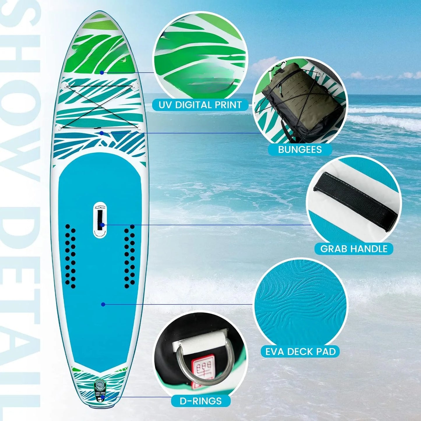 "Inflatable Paddleboard for adults and youth with adjustable paddle and fins"
"11'6" Stand-up Paddleboard with 3 fins and lightweight design"
"Durable PVC material inflatable SUP board for smooth rides"