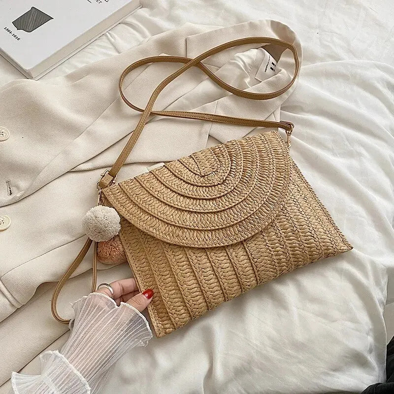 Handmade Straw Beach Shoulder & Crossbody Bag – Envelope Design with Removable Strap, Embroidered Detail & Hair Ball Clutch for Summer