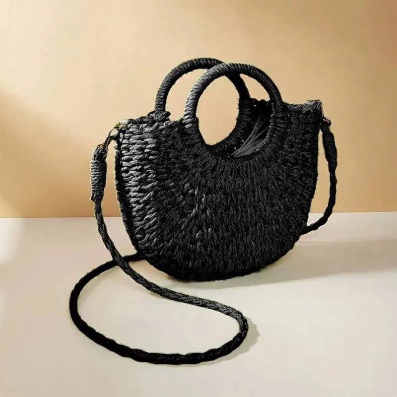 Handwoven Straw Rattan Half-Moon Beach Handbag – Large Capacity Women’s Summer Crossbody & Shoulder Bag with Removable Strap, Hollow Out Design, Fashionable & Lightweight