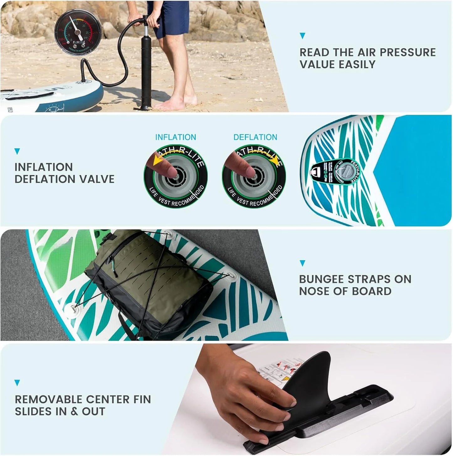 "Inflatable Paddleboard for adults and youth with adjustable paddle and fins"
"11'6" Stand-up Paddleboard with 3 fins and lightweight design"
"Durable PVC material inflatable SUP board for smooth rides"