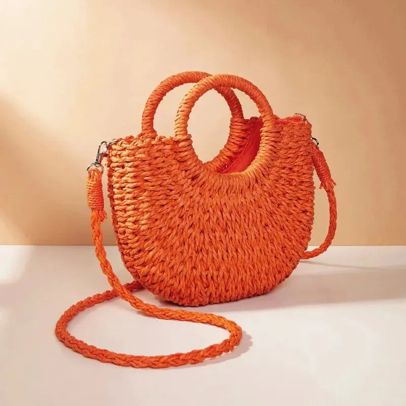 Handwoven Straw Rattan Half-Moon Beach Handbag – Large Capacity Women’s Summer Crossbody & Shoulder Bag with Removable Strap, Hollow Out Design, Fashionable & Lightweight