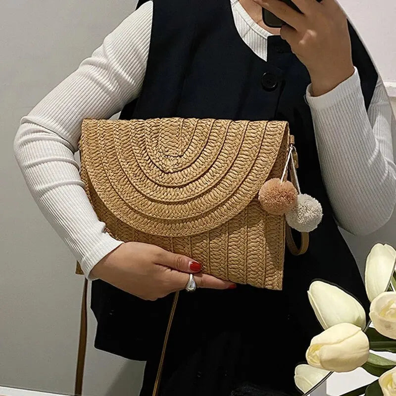 Handmade Straw Beach Shoulder & Crossbody Bag – Envelope Design with Removable Strap, Embroidered Detail & Hair Ball Clutch for Summer