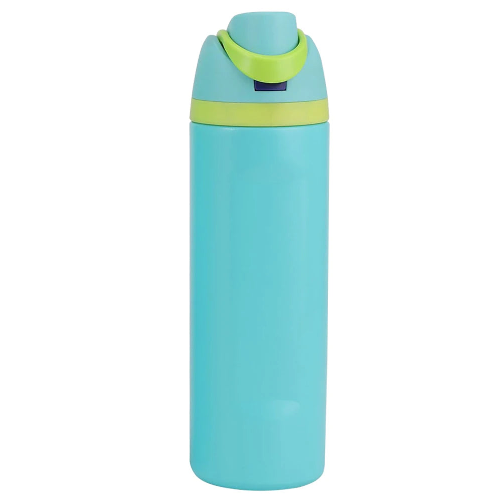 "Close-up of the Owala water bottle with straw and carrying handle"
