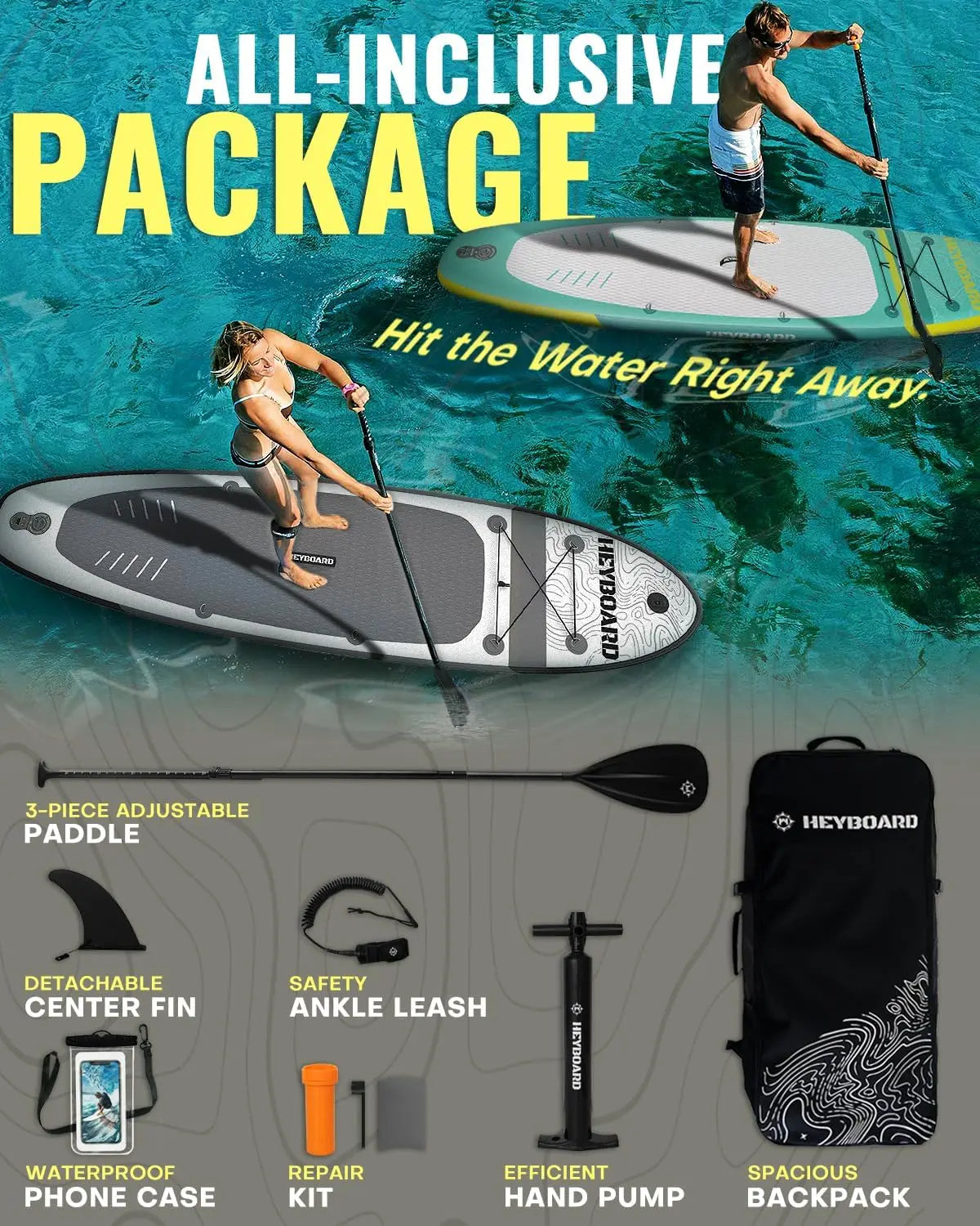 "Inflatable Stand Up Paddleboard 10'6"×32" with adjustable paddle and backpack"
"Non-slip surface Inflatable SUP board with accessories"
"Premium inflatable paddleboard in grey with durable materials"