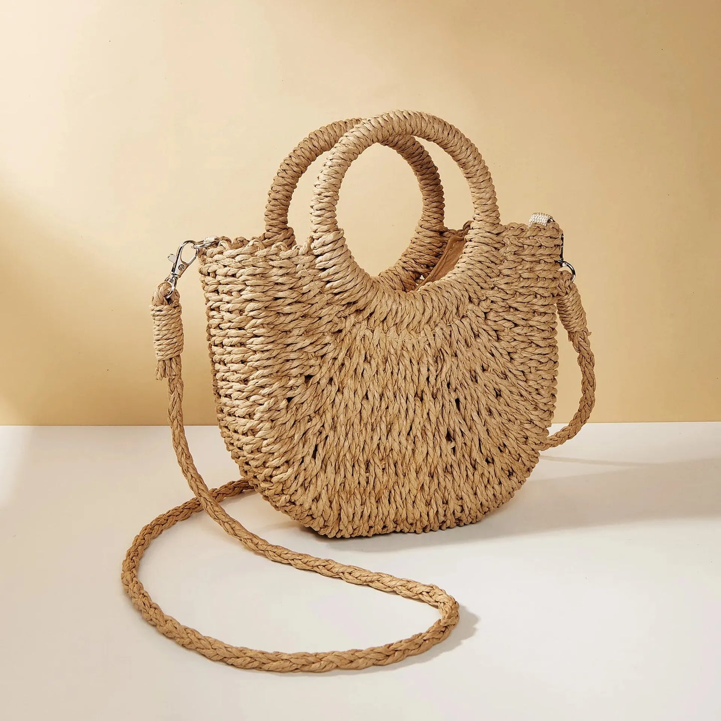 Handwoven Straw Rattan Half-Moon Beach Handbag – Large Capacity Women’s Summer Crossbody & Shoulder Bag with Removable Strap, Hollow Out Design, Fashionable & Lightweight