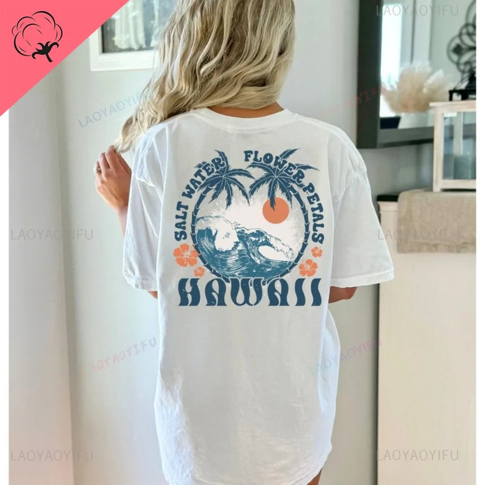 Hawaii T-shirt - Loose Beachy Cotton Tee with Palm Trees | Trendy Summer Graphic Tees for Women