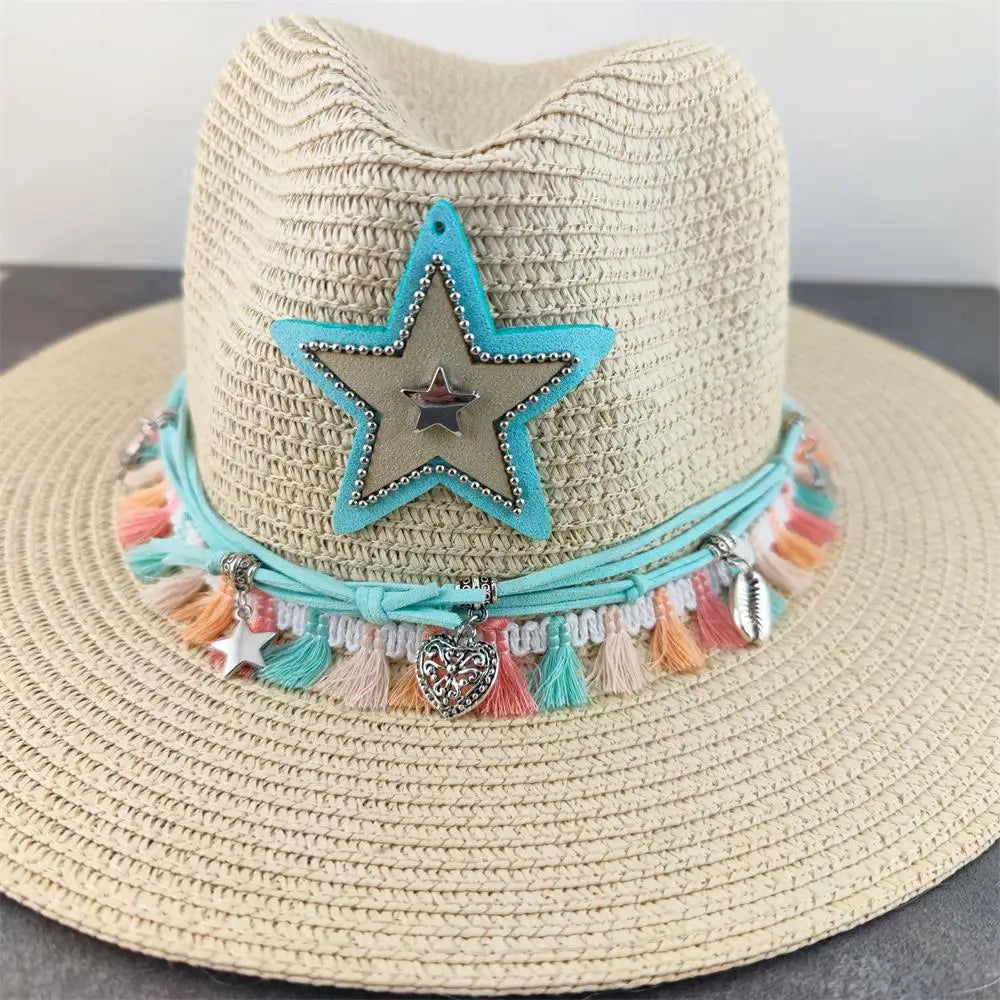Boho Sun Hat - Flower Straw Hat for Summer | Wide Brim Beach Hat for Vacation & Sun Protection