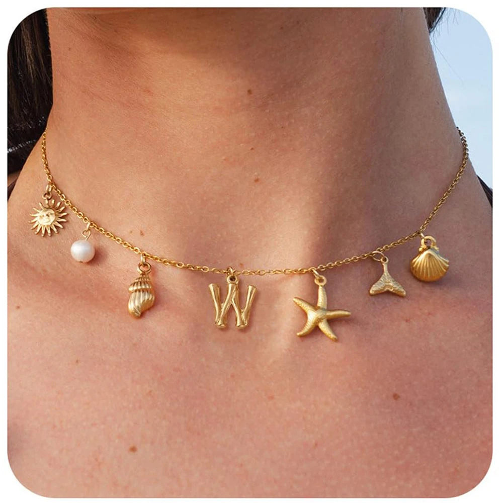 "Personalized Initial Surfer Girl Necklace with Starfish and Pearl Pendant"
"Bohemian Beach Necklace Gift for Women with Initial Pendant"
"Surfer Girl Initial Letter Necklace with Seashell and Starfish"
"Beach Jewelry for Women – Customizable Initial Necklace"