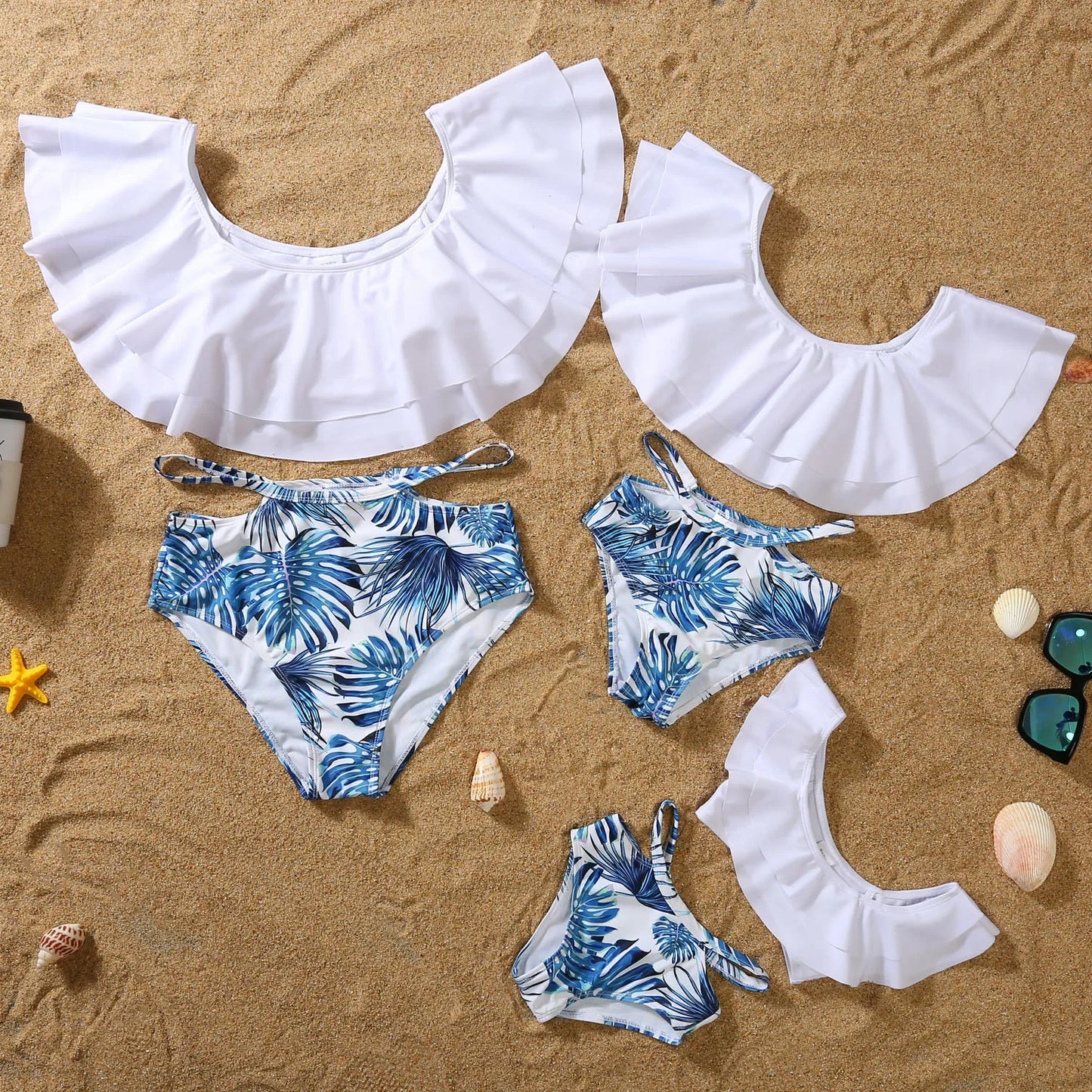 Family Matching Swimwear Set - Summer Two-Piece Bikini for Mom, Dad, and Kids – Printed Ruffles Bathing Suits for Family Look