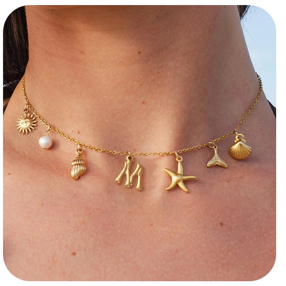 "Personalized Initial Surfer Girl Necklace with Starfish and Pearl Pendant"
"Bohemian Beach Necklace Gift for Women with Initial Pendant"
"Surfer Girl Initial Letter Necklace with Seashell and Starfish"
"Beach Jewelry for Women – Customizable Initial Necklace"