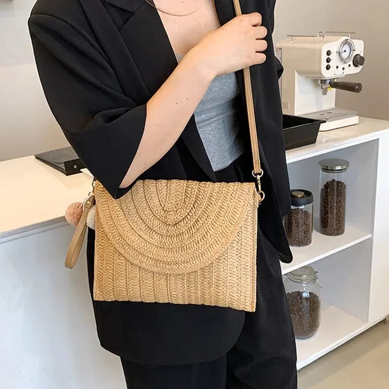 Handmade Straw Beach Shoulder & Crossbody Bag – Envelope Design with Removable Strap, Embroidered Detail & Hair Ball Clutch for Summer