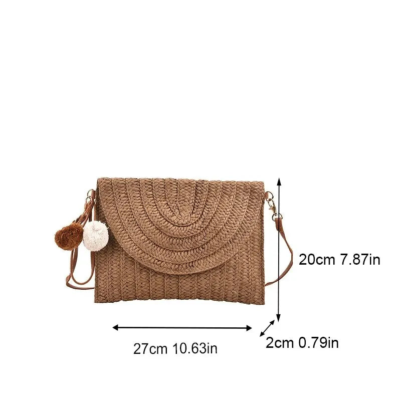 Handmade Straw Beach Shoulder & Crossbody Bag – Envelope Design with Removable Strap, Embroidered Detail & Hair Ball Clutch for Summer