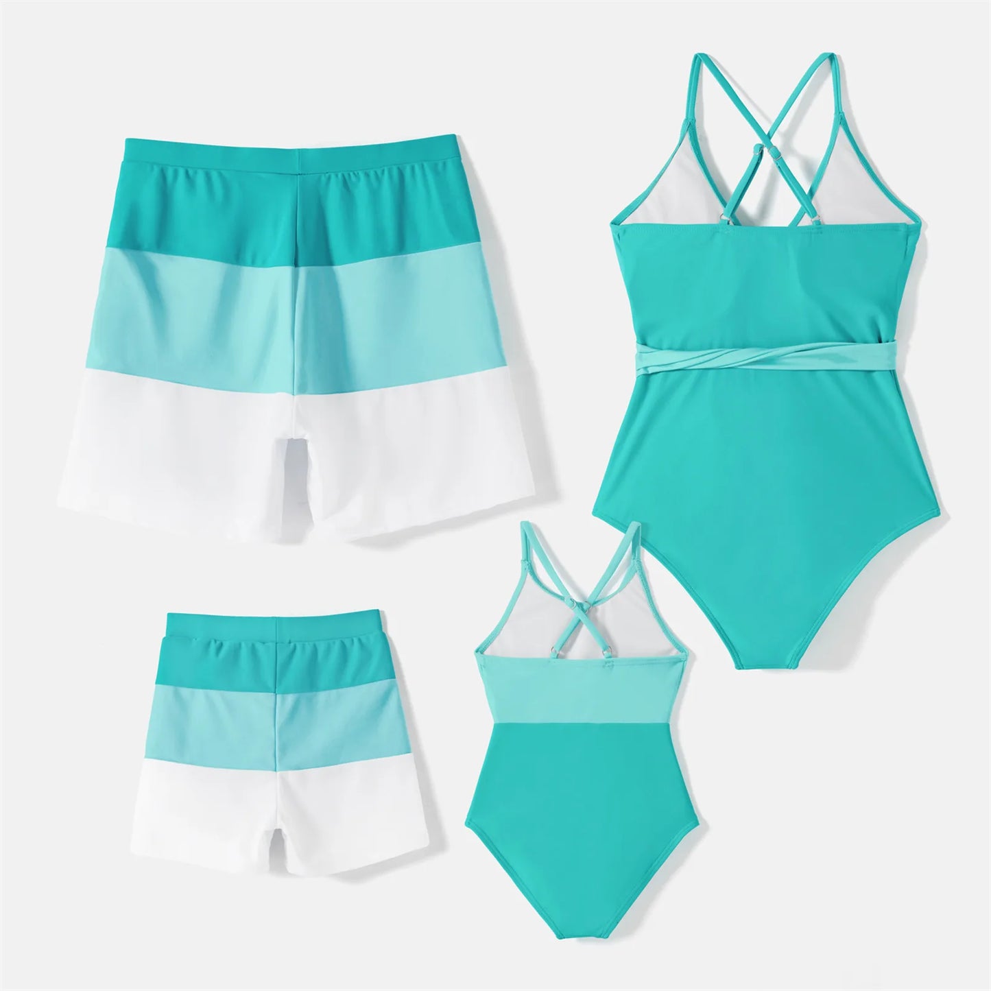 Family Matching Colorblock Swimsuits – Scoop Neck Self-Tie One-Piece for Women/Girls & Swim Trunks for Men/Boys – Stylish Vacation Beachwear