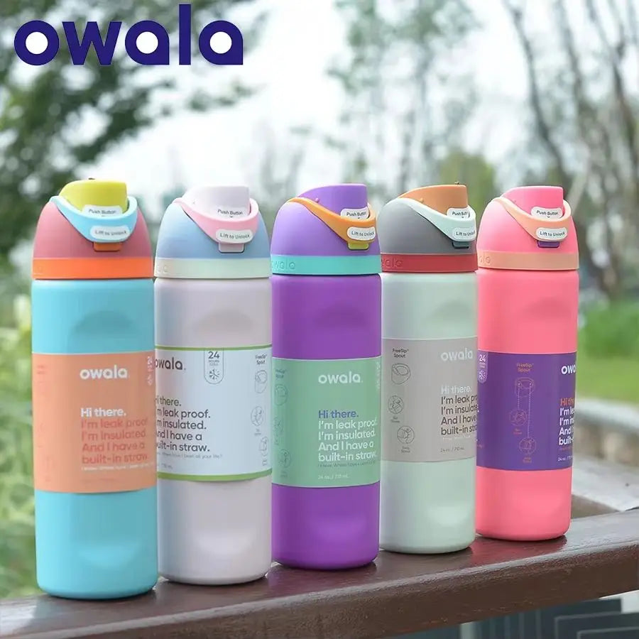 "Owala 24oz stainless steel insulated water bottle with built-in straw"