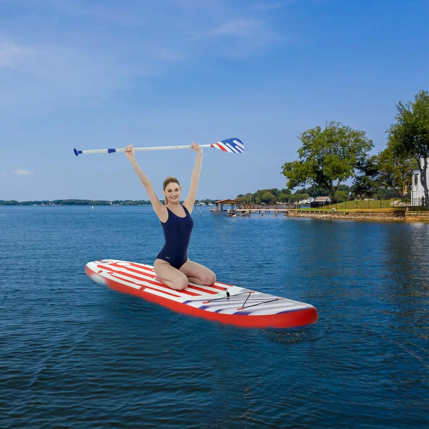 "XMSJ Inflatable SUP board with accessories and carry bag"
"Premium paddleboard with adjustable paddle and hand pump"
"Quick inflate deflate valve for paddleboard"