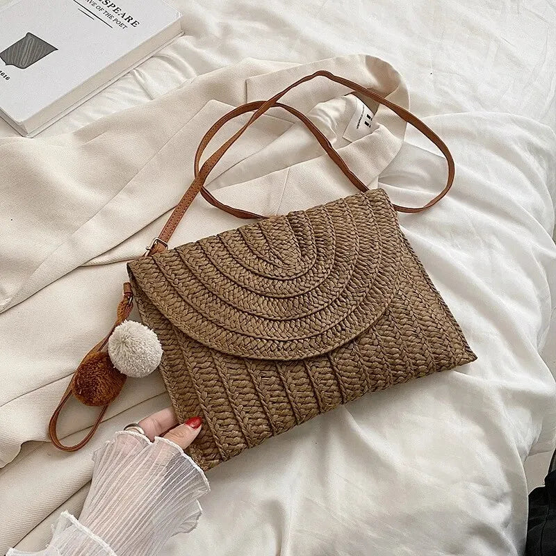 Handmade Straw Beach Shoulder & Crossbody Bag – Envelope Design with Removable Strap, Embroidered Detail & Hair Ball Clutch for Summer