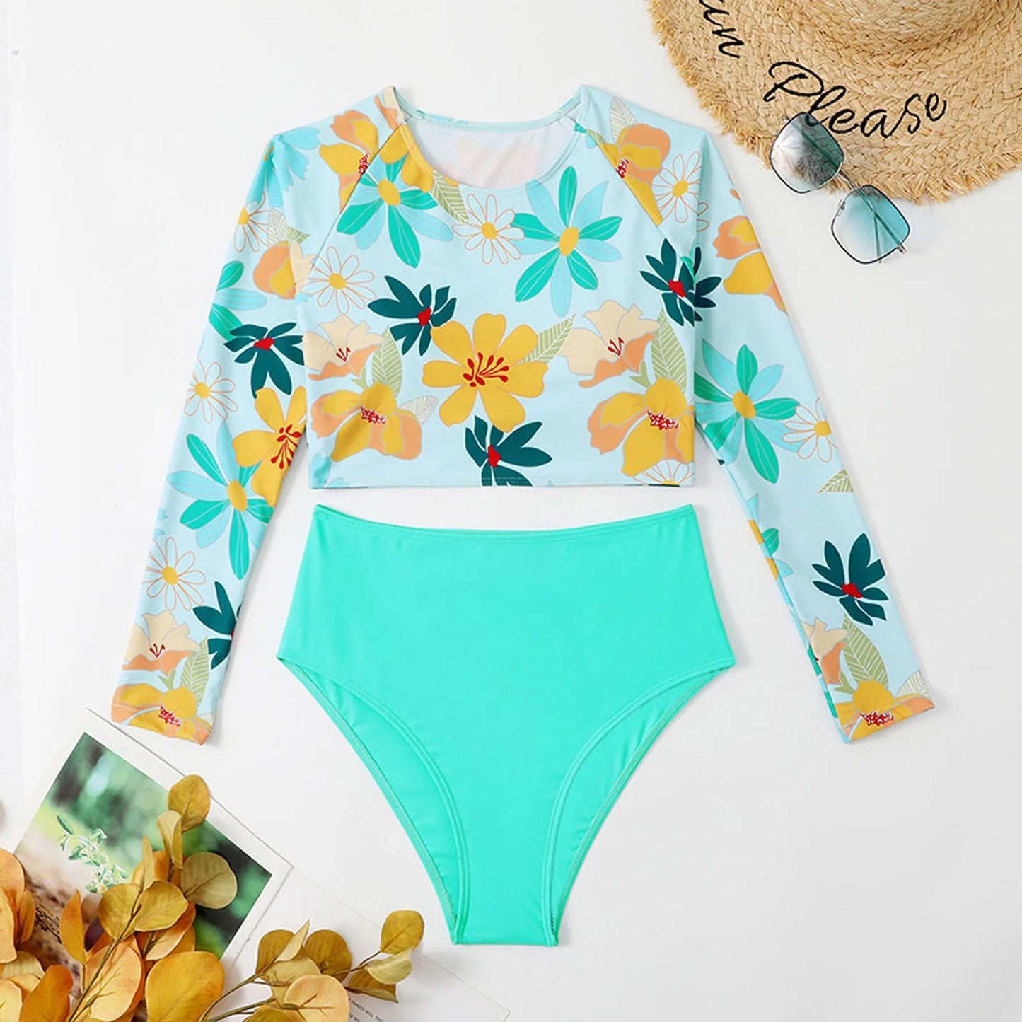 "Women’s Floral Print Long Sleeve Bikini with High-Waisted Briefs"
"Beach Swimwear Women’s Rash Guard Bikini Set"
"Floral Long Sleeve Bikini for Women with UPF 50+ Protection"