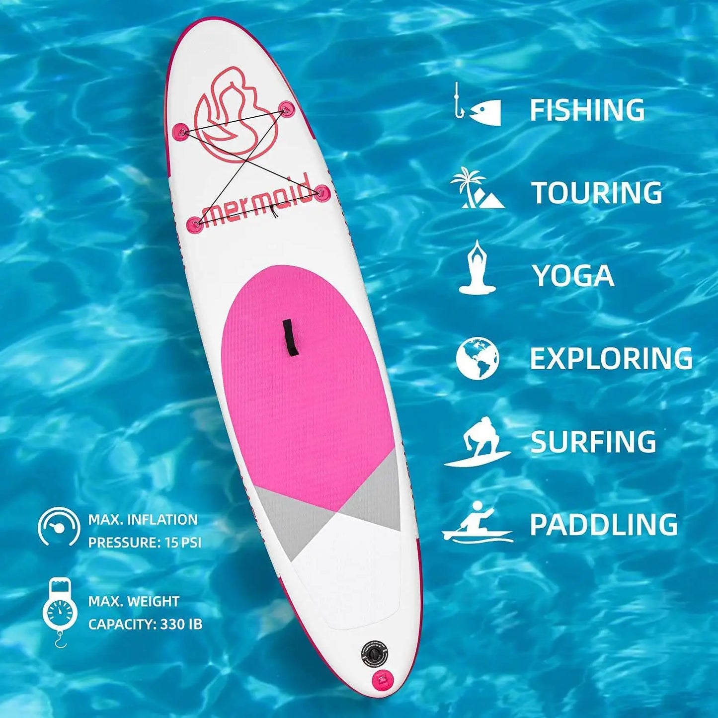 "Inflatable Paddle Board with Adjustable Paddle and Leash"
"Premium SUP board accessories: Hand Pump, Leash, Backpack"
"Stable inflatable paddle board for adults with premium accessories"