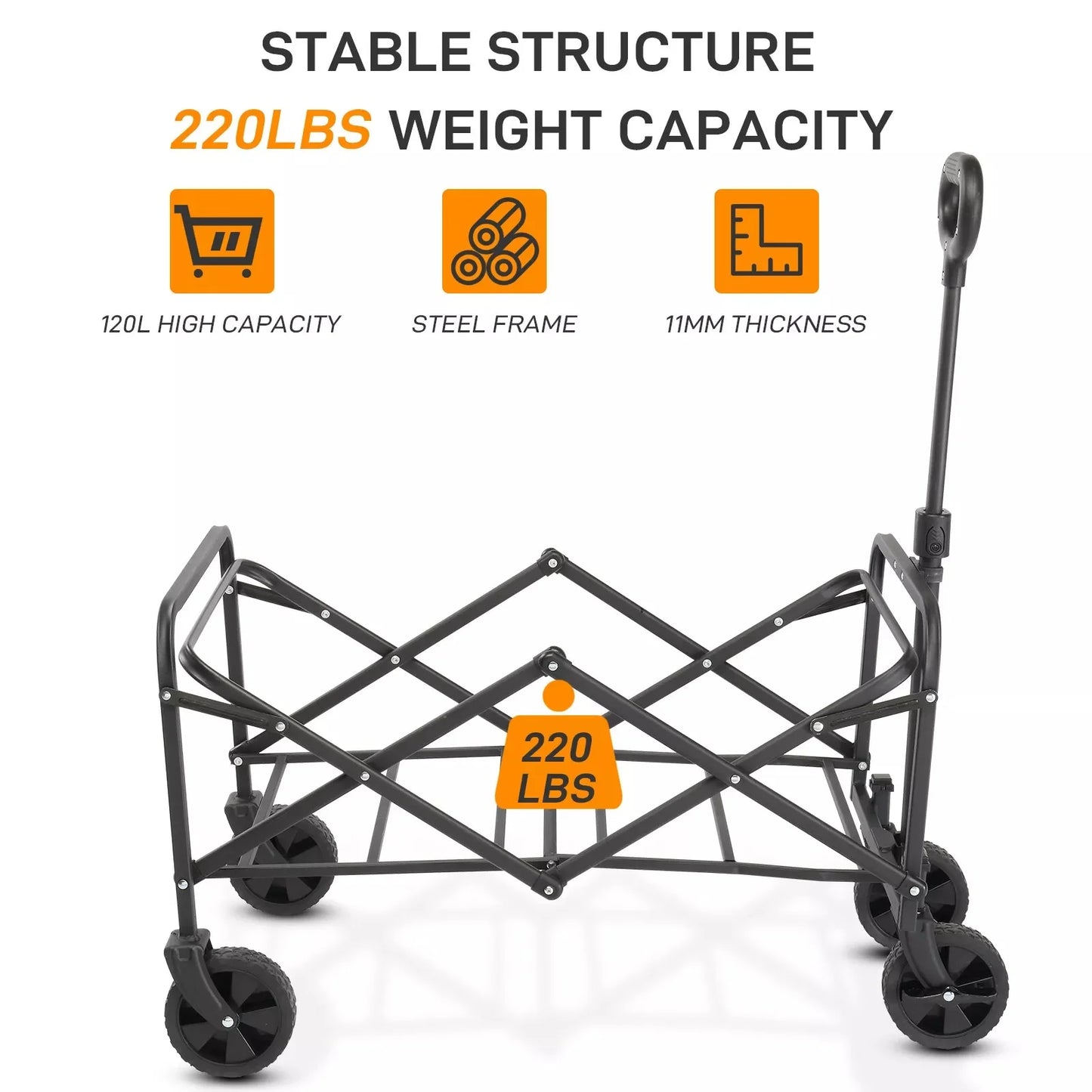 "Collapsible folding wagon cart with 220 lbs capacity for outdoor use"
"Beach cart with adjustable handle and large storage space"
"All-terrain wheels and 600D Oxford fabric folding cart"
