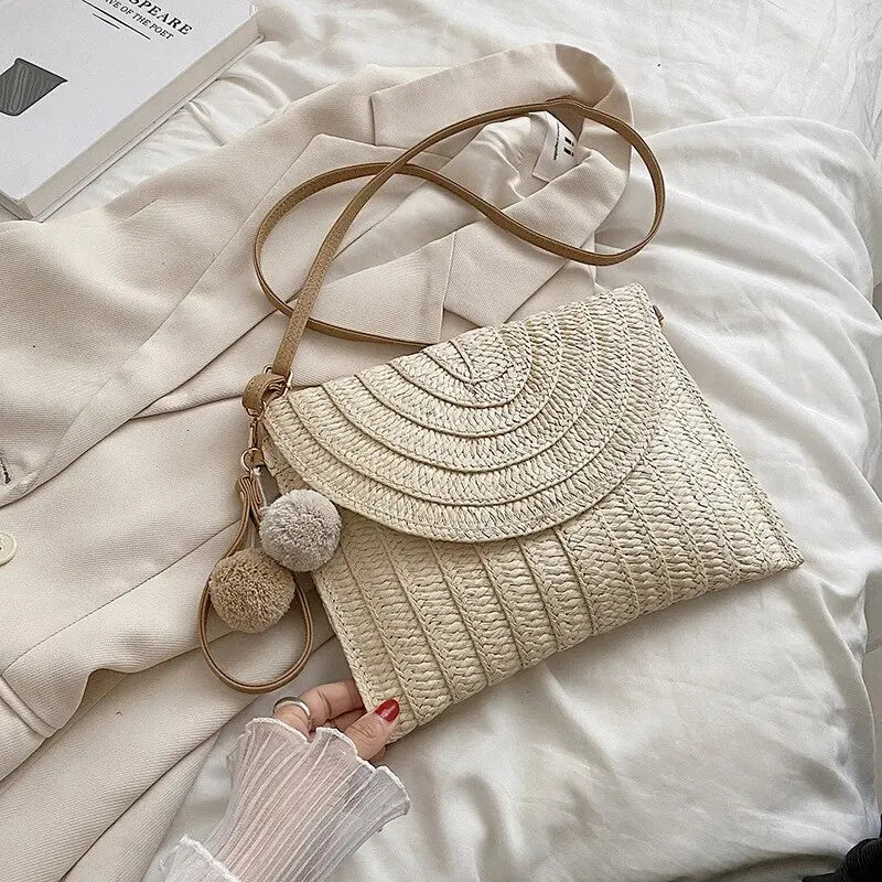 Handmade Straw Beach Shoulder & Crossbody Bag – Envelope Design with Removable Strap, Embroidered Detail & Hair Ball Clutch for Summer