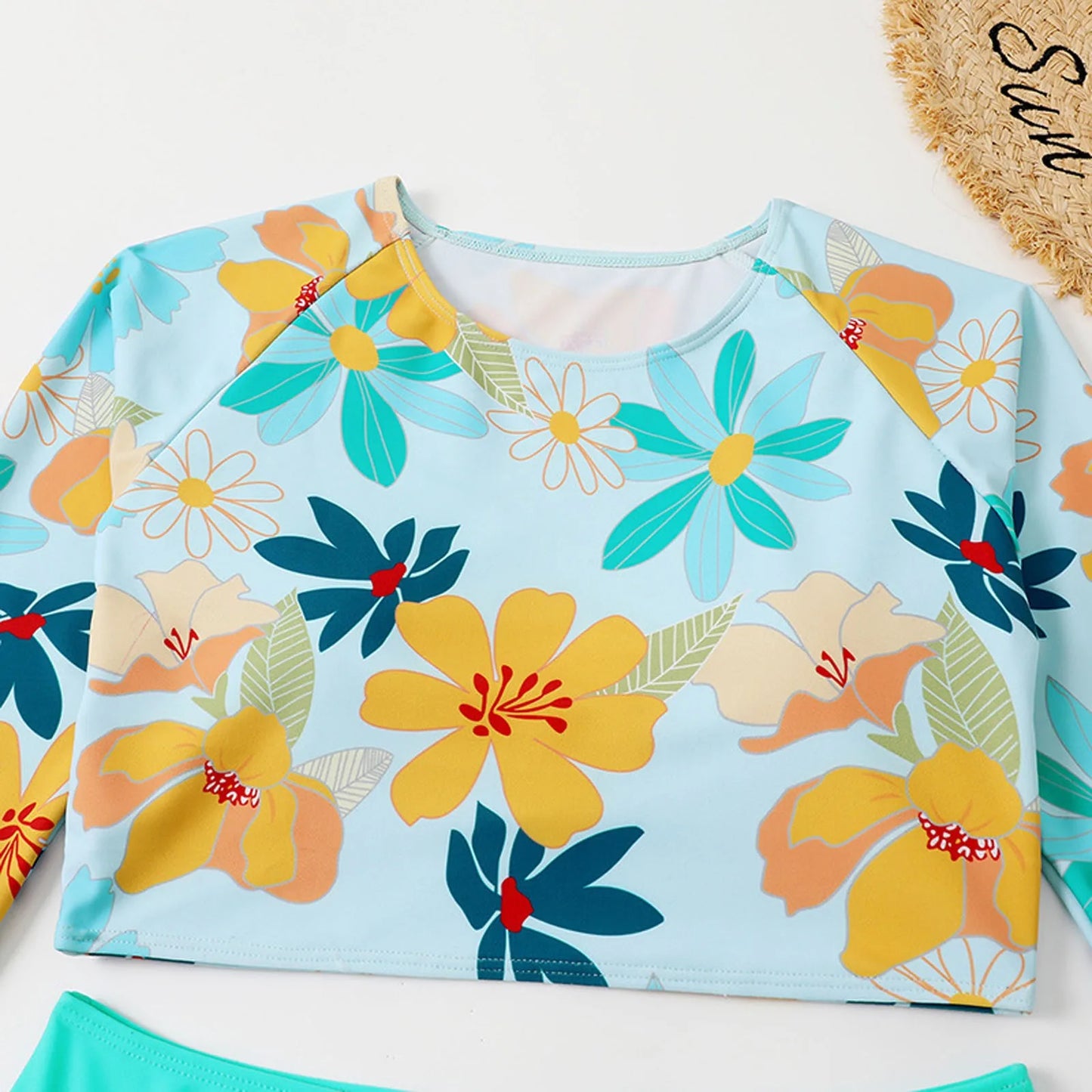 "Women’s Floral Print Long Sleeve Bikini with High-Waisted Briefs"
"Beach Swimwear Women’s Rash Guard Bikini Set"
"Floral Long Sleeve Bikini for Women with UPF 50+ Protection"