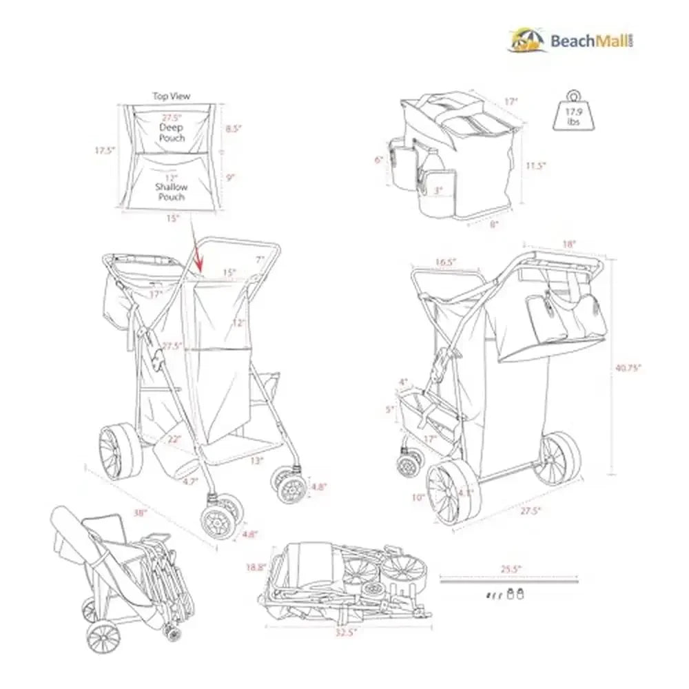 "Ultimate Beach Cart with Balloon Wheels on Sand," "Beach Cart with Insulated Cooler Bag and Umbrella Holder."