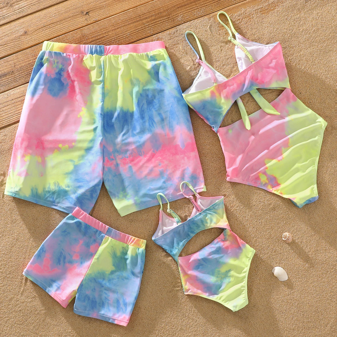 Family Matching Tie-Dye Swimsuits - V-Neck Self-Tie One-Piece for Women/Girls & Swim Trunks for Men/Boys – Casual Beachwear for the Whole Family