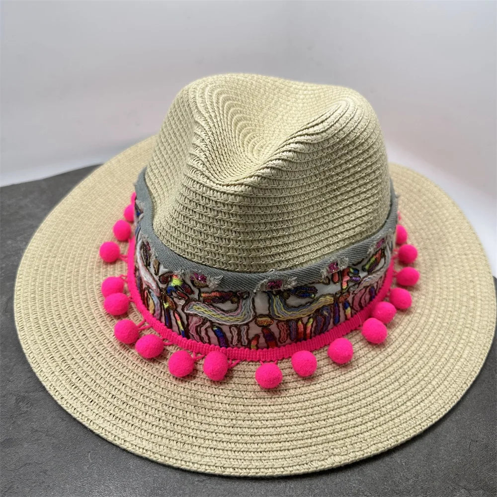 Boho Sun Hat - Flower Straw Hat for Summer | Wide Brim Beach Hat for Vacation & Sun Protection