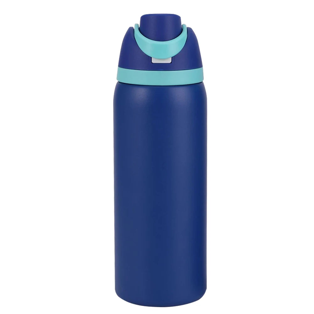 "Close-up of the Owala water bottle with straw and carrying handle"