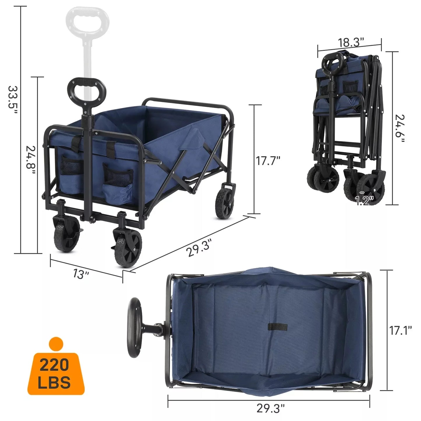 "Collapsible folding wagon cart with 220 lbs capacity for outdoor use"
"Beach cart with adjustable handle and large storage space"
"All-terrain wheels and 600D Oxford fabric folding cart"
