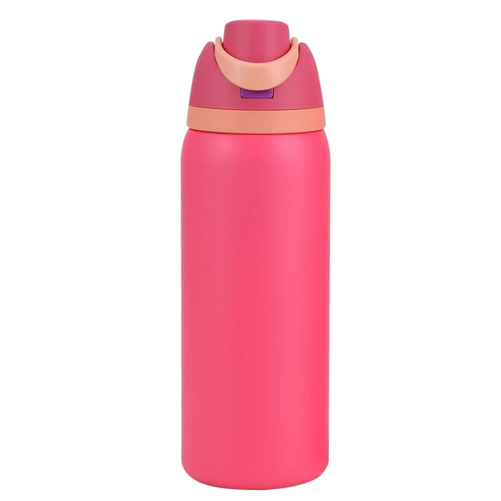 "Close-up of the Owala water bottle with straw and carrying handle"