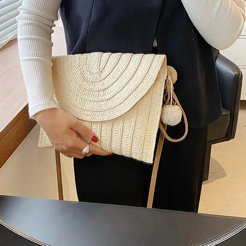 Handmade Straw Beach Shoulder & Crossbody Bag – Envelope Design with Removable Strap, Embroidered Detail & Hair Ball Clutch for Summer