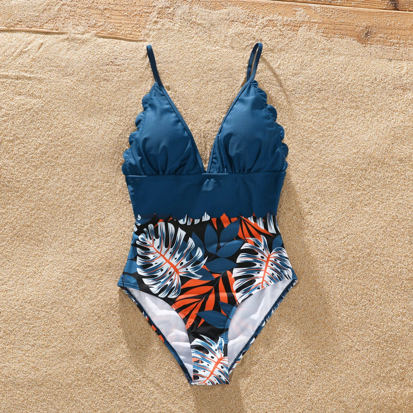 Family Matching Solid Splicing Palm Leaf Print Swimsuits – Spaghetti Strap One-Piece for Women/Girls & Swim Trunks for Men/Boys – Stylish Vacation Beachwear