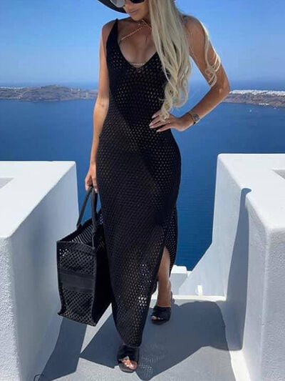 Slit Openwork V-Neck Sleeveless Cover Up in 100% cotton fabric, perfect for summer beach outings. Sheer, breathable material with slight stretch and stylish slit detailing.
