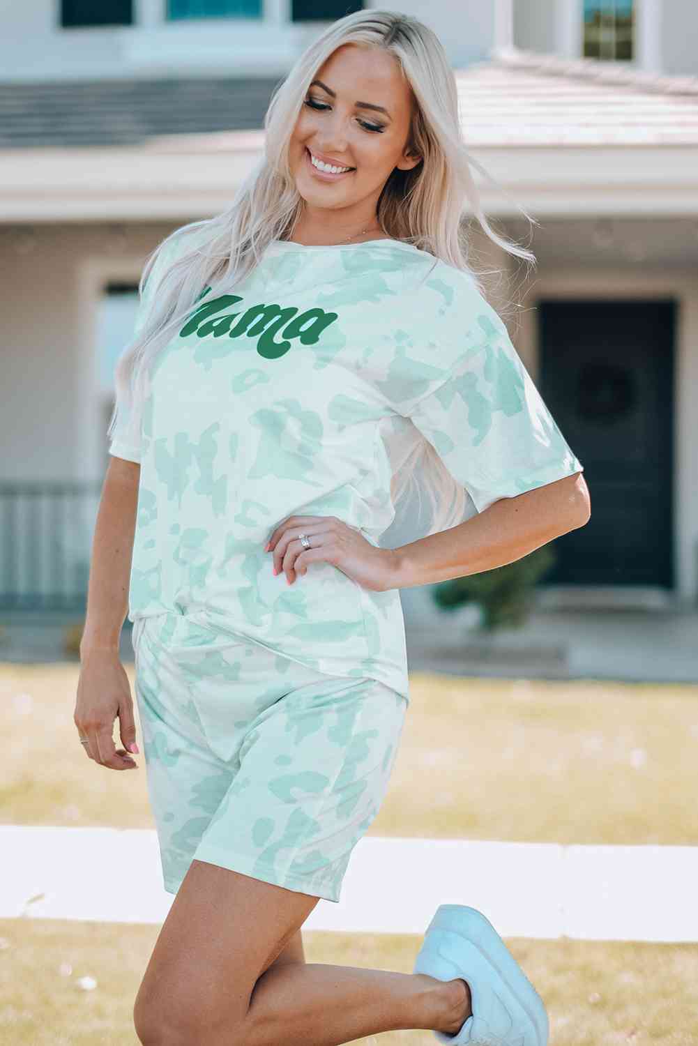 Women Printed Letter Graphic Lounge Set with round neck tee and elastic waistband shorts, made from 95% polyester and 5% spandex. Available in sizes S-2XL.