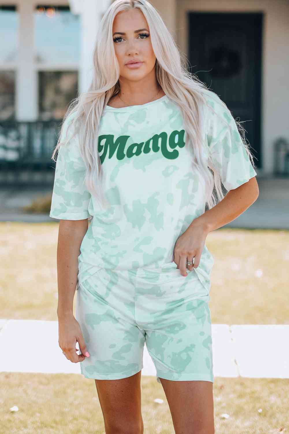 Women Printed Letter Graphic Lounge Set with round neck tee and elastic waistband shorts, made from 95% polyester and 5% spandex. Available in sizes S-2XL.