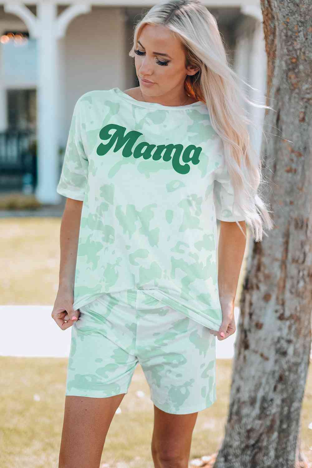 Women Printed Letter Graphic Lounge Set with round neck tee and elastic waistband shorts, made from 95% polyester and 5% spandex. Available in sizes S-2XL.