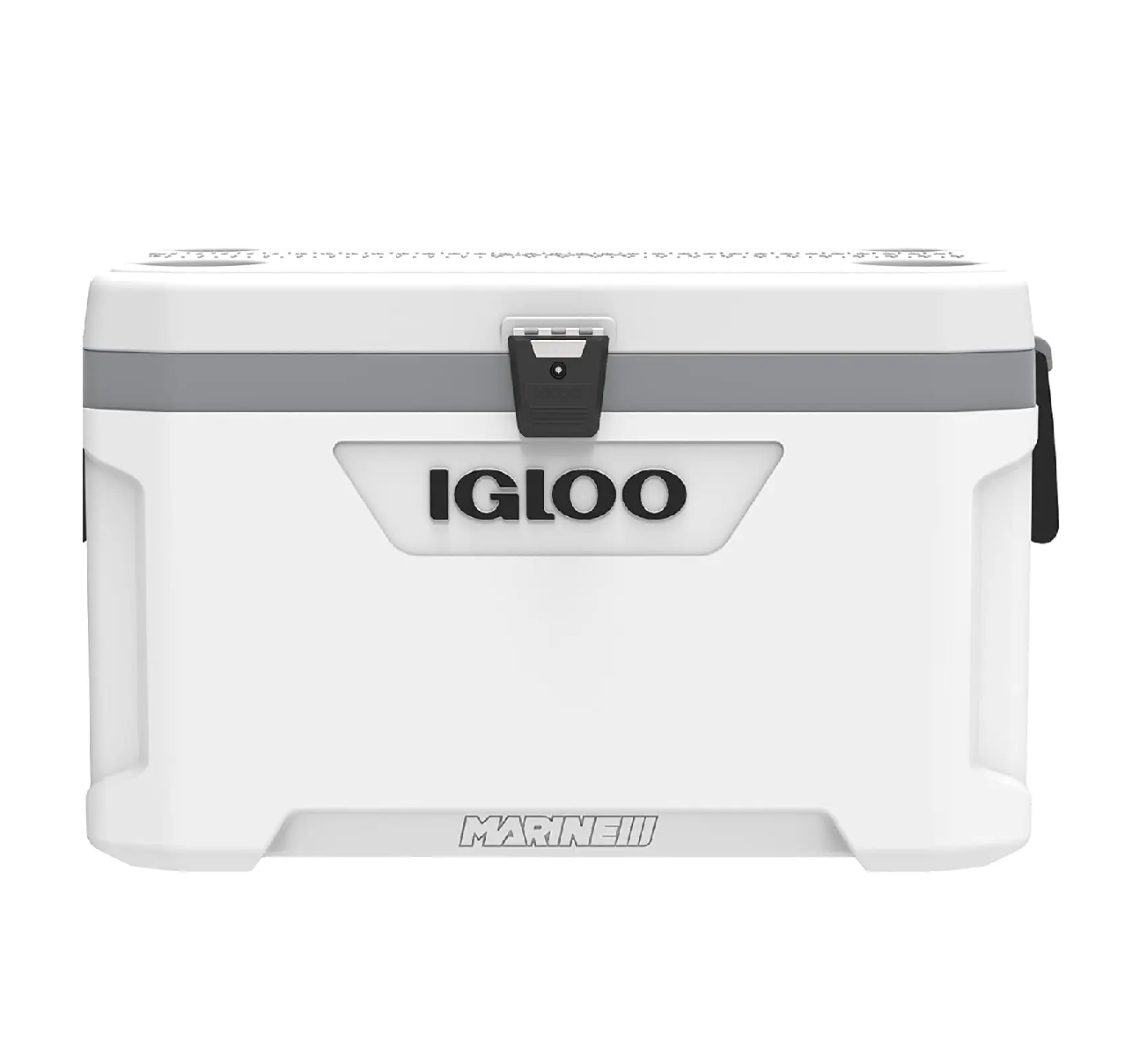 "Igloo Marine Ultra Cooler with hybrid latch and oversized wheels"
"Leak-proof Igloo cooler with removable fishing rod holders"
"5-day ice retention cooler with fishing ruler on lid"