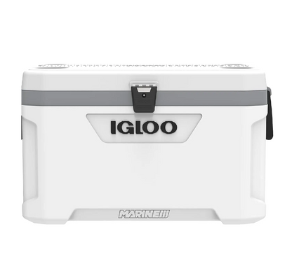 "Igloo Marine Ultra Cooler with hybrid latch and oversized wheels"
"Leak-proof Igloo cooler with removable fishing rod holders"
"5-day ice retention cooler with fishing ruler on lid"