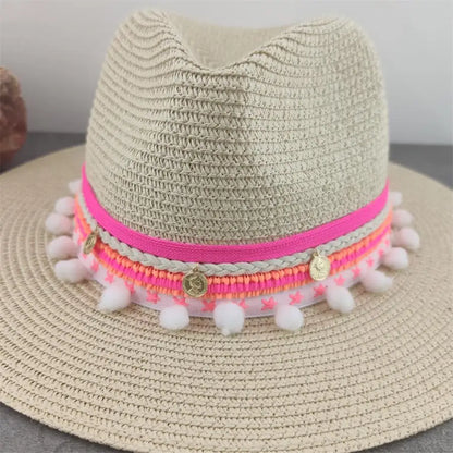 Boho Sun Hat - Flower Straw Hat for Summer | Wide Brim Beach Hat for Vacation & Sun Protection