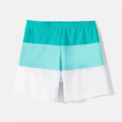 Family Matching Colorblock Swimsuits – Scoop Neck Self-Tie One-Piece for Women/Girls & Swim Trunks for Men/Boys – Stylish Vacation Beachwear